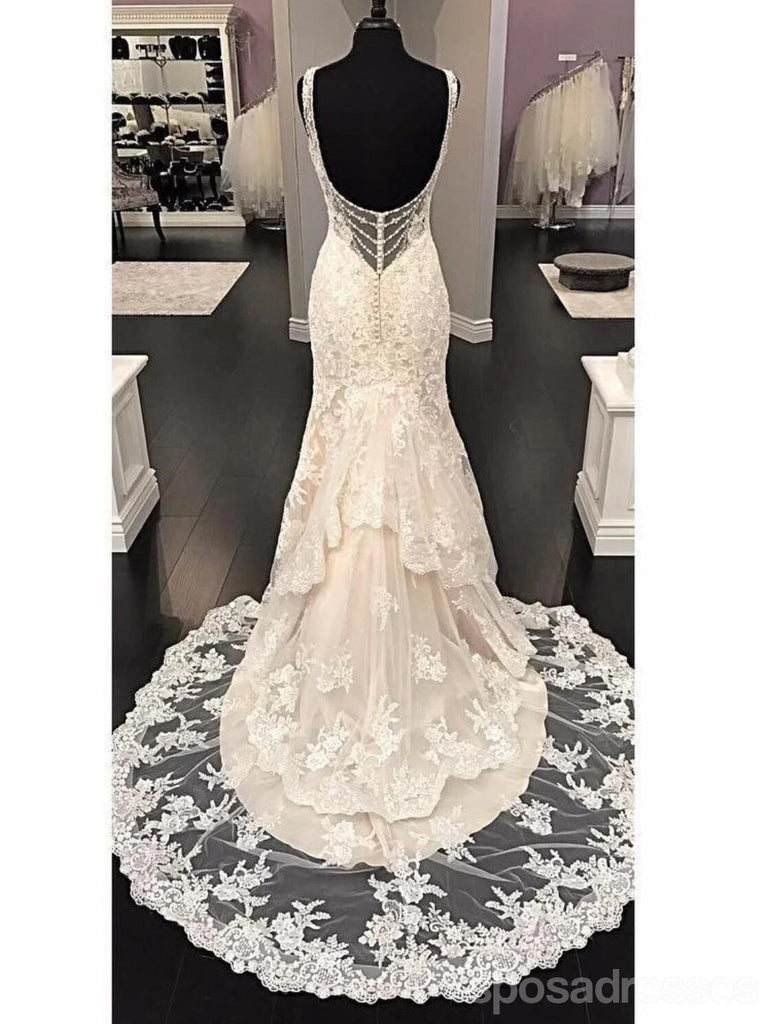 Sexy Backless V Neck Lace Mermaid Wedding Dresses Online, Cheap Bridal Dresses, WD636