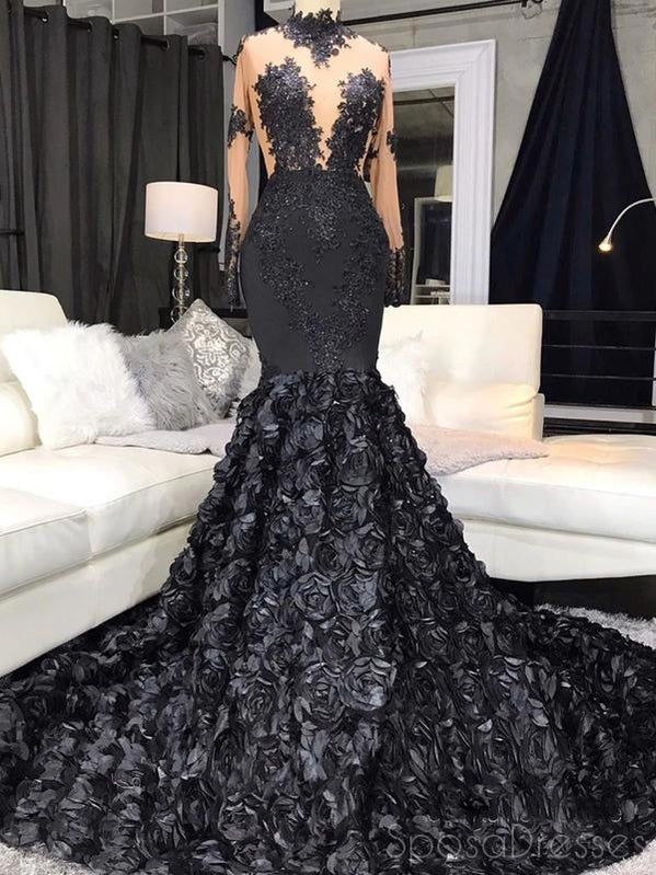 black prom dress flowers 3D Flower Black Prom Dresses Long Floral Wedding Gown FD3641 Viniodress
