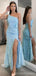 Sexy Blue Sheath One Shoulder High Slit Long Prom Dresses Online,12674