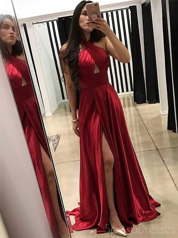 Halter Red Side Slit Red Long Evening Prom Dresses, Sweet 16 Prom Dresses, 12374