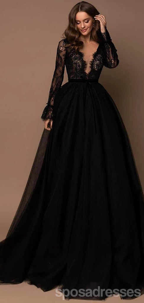 Sexy Black A-line Long Sleeves V-neck Cheap Long Prom Dresses Online,12793
