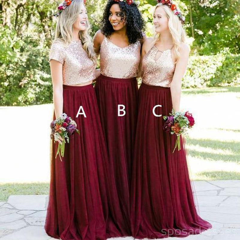 Short Sleeves Gold Sequin Burgundy A-line Long Bridesmaid Dresses, WG253