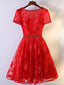 2017 Short Sleeve Red Lace Round Neckline Homecoming Prom Dresses, Affordable Corset Back Short Party Prom Dresses, Perfect Homecoming Dresses, CM249