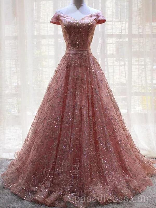 Off Shoulder Sparkly Pink A-line Long Evening Prom Dresses, Cheap Cust SposaDresses Off Shoulder Sparkly Pink A-line Long Evening Prom Dresses, Cheap Cust SposaDresses