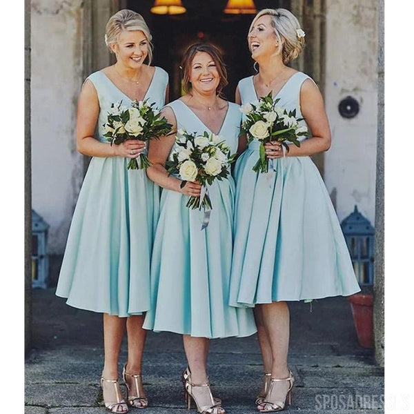 Tiffany Blue V neck Short Bridesmaid Dresses, Cheap Bridesmaids Dresse