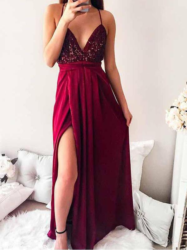 dark red sexy dress Sexy Backless Sequin Dark Red Cheap Long Evening Prom Dresses, Cheap S – SposaDresses