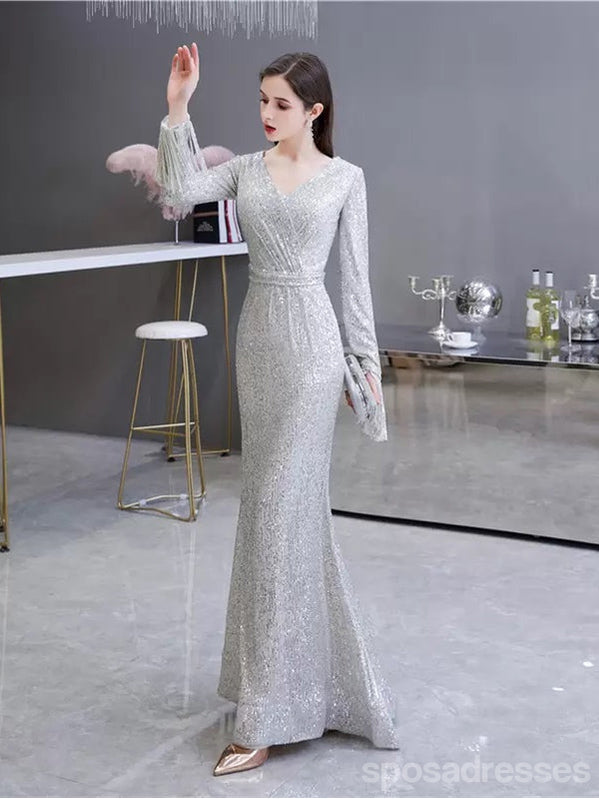 Sexy Silver Mermaid Long Sleeves V-neck Cheap Prom Dresses Online,12952