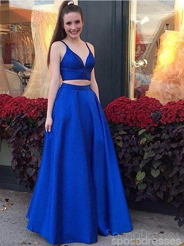 inexpensive two piece prom dresses A Line V Neck Two Pieces Blue Prom Dresses, 2 Pieces Blue Formal Eveni jbydress