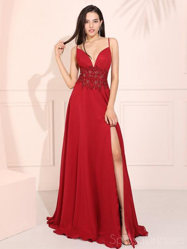 Red Applique Side Slit Sleeveless Long Prom Dresses, Sweet 16 Prom Dresses, 12396