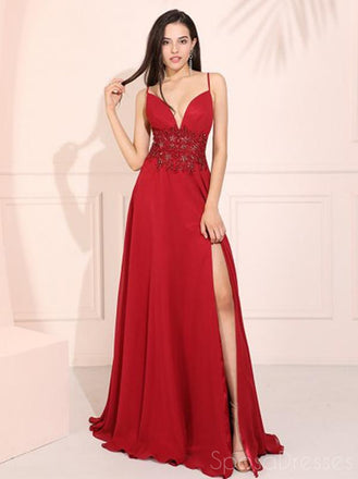 Red Applique Side Slit Sleeveless Long Prom Dresses, Sweet 16 Prom Dresses, 12396