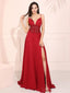 Red Applique Side Slit Sleeveless Long Prom Dresses, Sweet 16 Prom Dresses, 12396