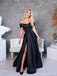 Simple Black A-line Off Shoulder Side Slit Long Prom Dresses Online,12786