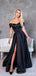 Simple Black A-line Off Shoulder Side Slit Long Prom Dresses Online,12786