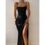 Simple Black Sheath Spaghetti Straps High Slit Cheap Bridesmaid Dresses,WG1488