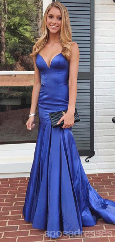 Simple Blue Mermaid Spaghetti Straps V-neck Cheap Long Prom Dresses Online,12573