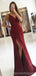 Simple Mermaid Burgundy Side Slit Spaghetti Straps Cheap Long Prom Dresses Online,12583