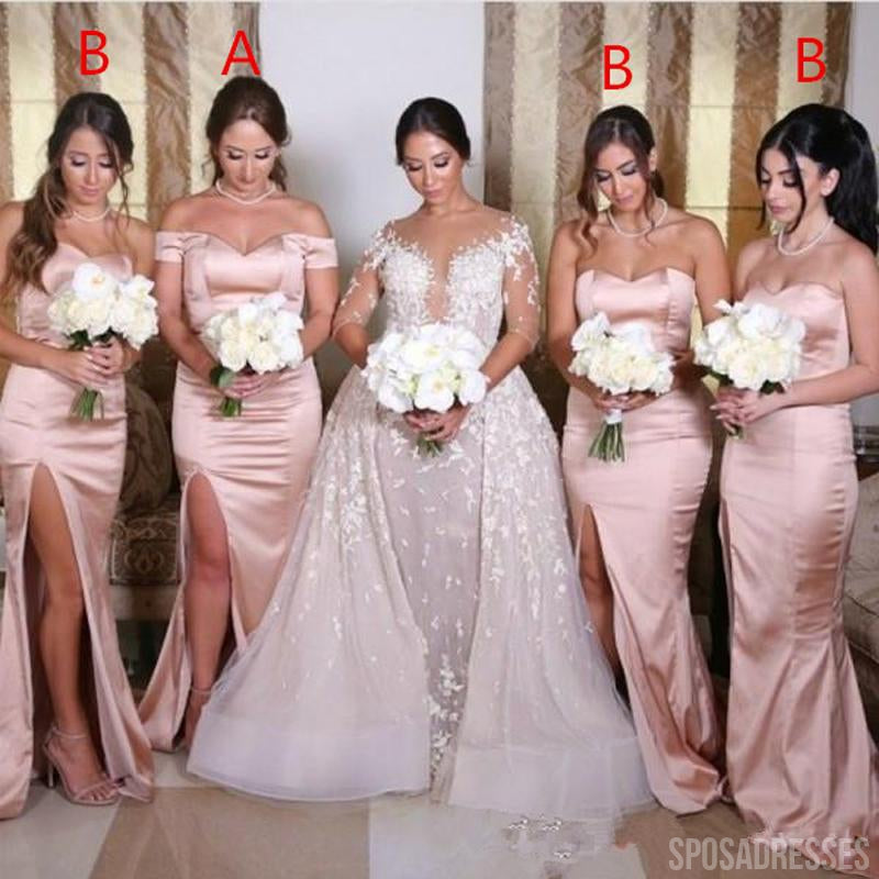Mismatched Simple Pink Slit Long Bridesmaid Dresses Online, WG792