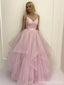 Simple A-line Pink Spaghetti Straps V-neck Cheap Long Prom Dresses Online,12680