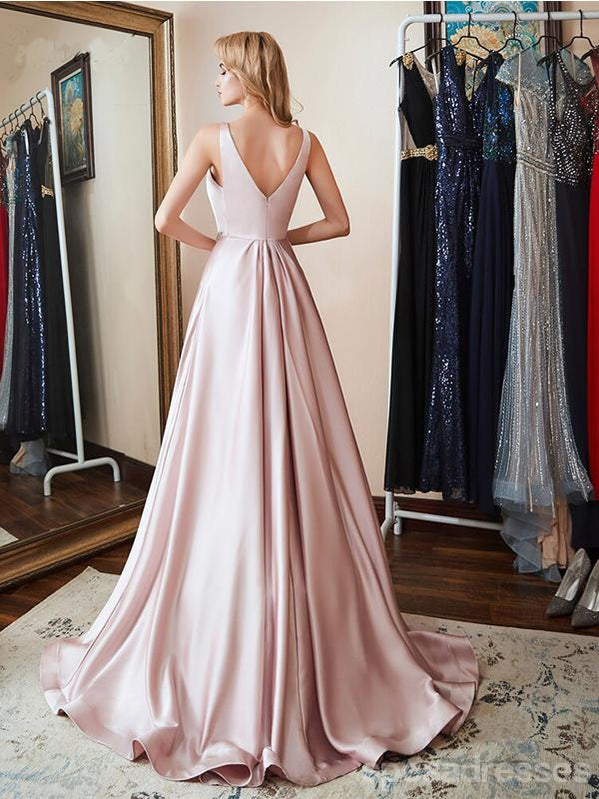 Simple A-line Pink Straps V-neck Long Party Prom Dresses Online,Dance Dresses,12557