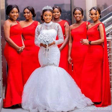 Simple Red Mermaid One Shoulder Cheap Long Bridesmaid Dresses Online,WG1232