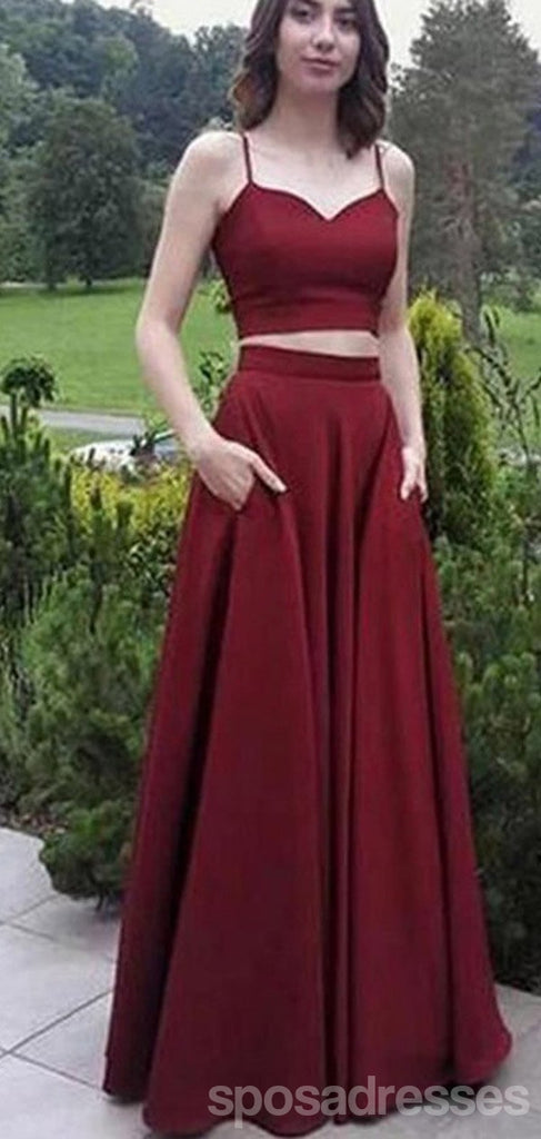 Simple A-line Two Pieces Burgundy Spaghetti Straps Long Prom Dresses Online,12617