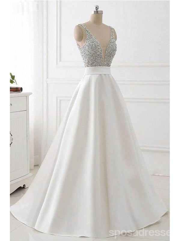 Simple White A-line V-neck Long Prom Dresses Online, Evening Party Dresses,12709