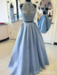 Sky Blue A-line Halter Two Pieces Cheap Long Prom Dresses Online,12620