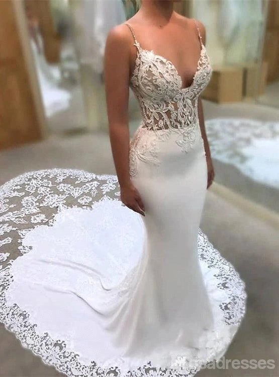 Spaghetti Straps See Through Lace Mermaid Wedding Dresses, Lace Weddin SposaDresses Spaghetti Straps See Through Lace Mermaid Wedding Dresses, Lace Weddin SposaDresses