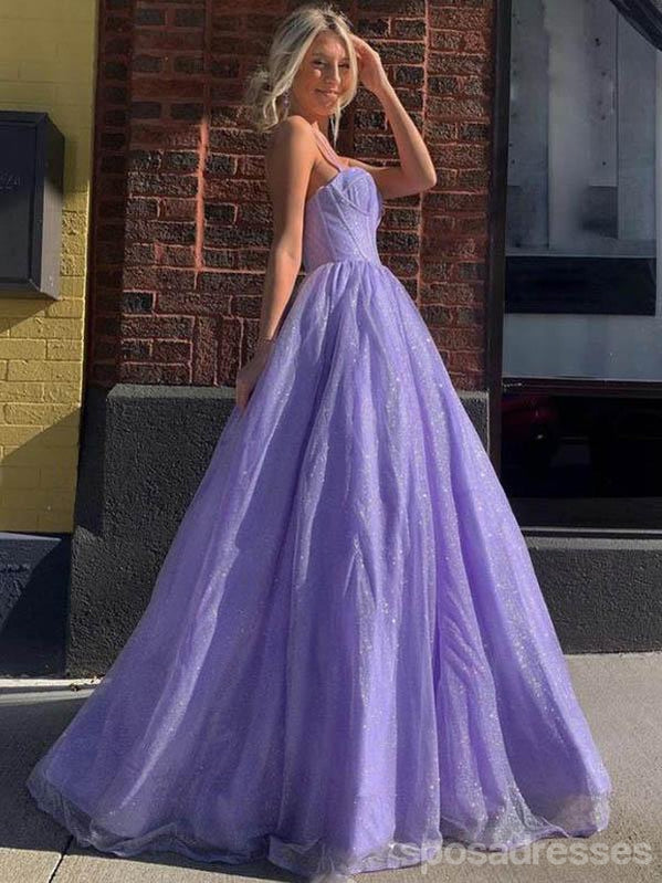 Sparkly Purple A-line Spaghetti Straps Cheap Long Prom Dresses Online,12691
