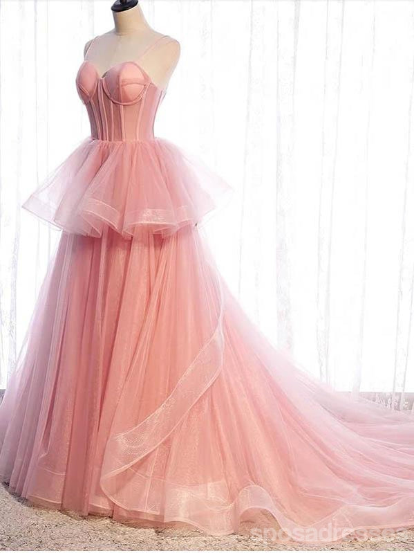 Pink A-line Spaghetti Straps V-neck Long Prom Dresses Online, Dance Dresses,12684