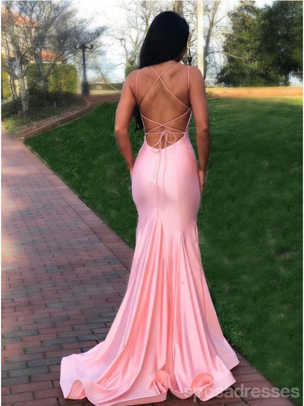 Pink Mermaid Spaghetti Straps V-neck Backless Long Prom Dresses Online,12604