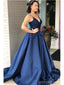 Navy Blue A-line Spaghetti Straps V-neck Cheap Long Prom Dresses,12832