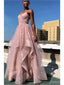Sparkly Pink A-line V-neck Spaghetti Straps Long Prom Dresses Online,12661