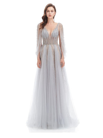 Sparkly See Through Grey A-line V-neck Open Back Long Prom Dresses Online,12781