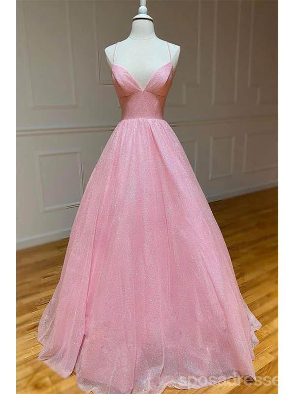 Sparkly Pink A-line Spaghetti Straps V-neck Backless Long Prom Dresses Online,12727