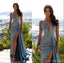 Blue Mermaid Spaghetti Straps V-neck High Slit Cheap Long Prom Dresses,12920