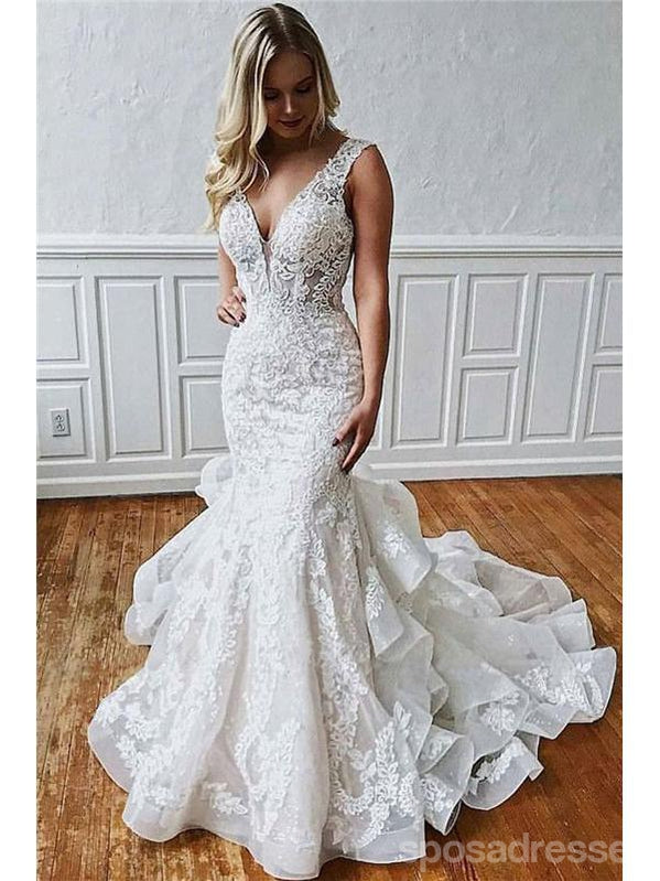 Long Sexy Mermaid V-neck Straps Backless Lace Wedding Dresses,WD771