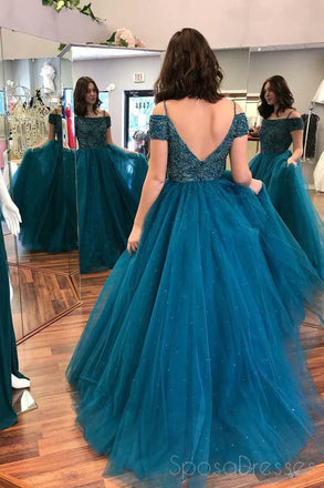 Sexy Off Shoulder Backless Teal A line Long Evening Prom Dresses, Popular Cheap Long 2018 Party Prom Dresses, 17311