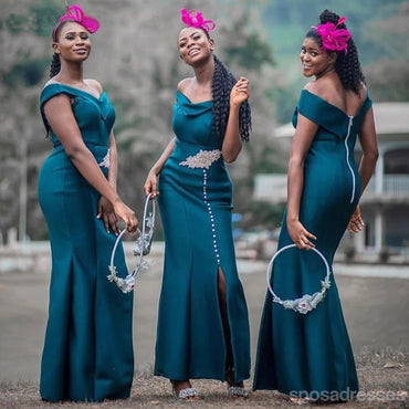 Teal Mermaid Off Shoulder Side Slit Cheap Long Bridesmaid Dresses Online,WG1181