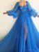A-line Tulle Long Sleeves Blue Long Prom Dresses, Sweet 16 Prom Dresses, 12439