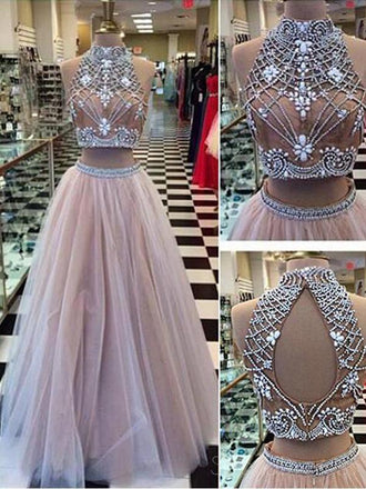 Two Pieces Halter Evening Prom Dresses, Sexy A line Tulle Open Back Prom Dresses 17010