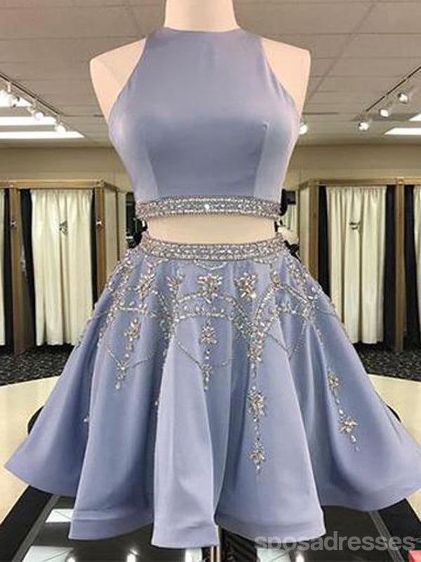 Grey Two Pieces Hatler Beaded Cheap Short Homecoming Dresses 2018, CM555