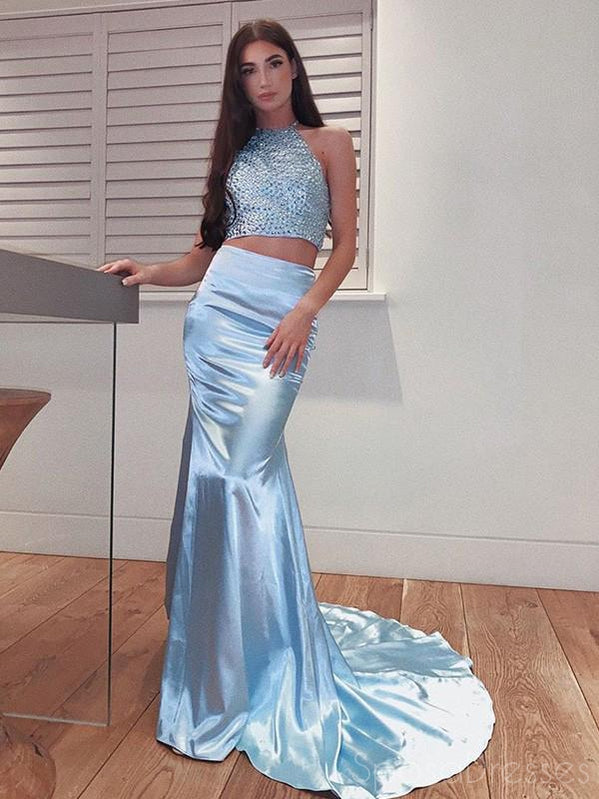 Blue Two Pieces Sleeveless Long Prom Dresses, Sweet 16 Prom Dresses, 12428