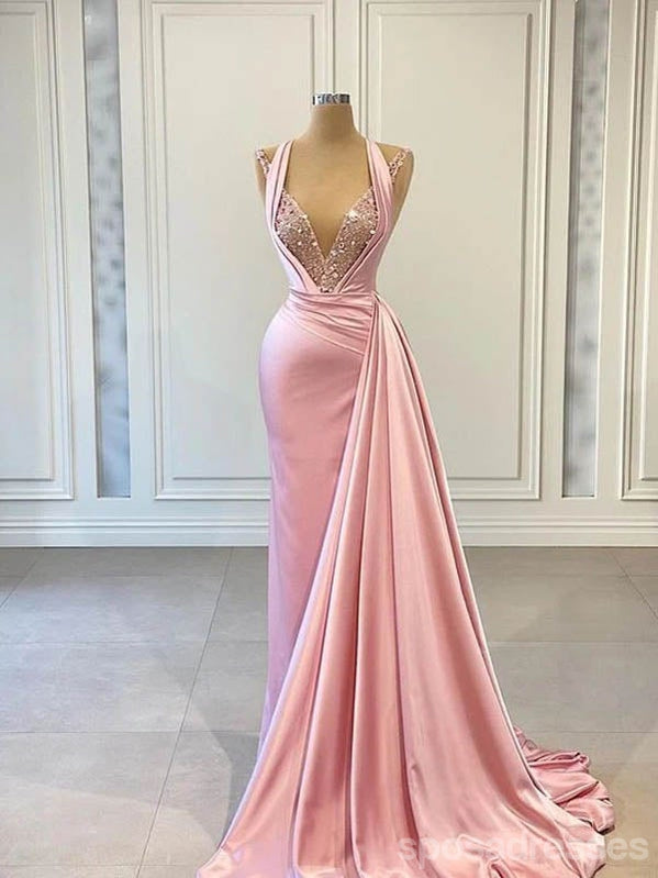 Unique Mermaid Pink Halter V-neck Cheap Long Prom Dresses Online,12677