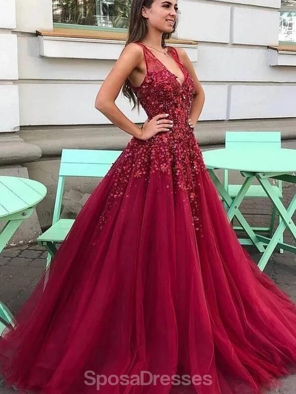 Dark Red V Neck A-line Tulle Long Evening Prom Dresses, Evening Party SposaDresses Dark Red V Neck A-line Tulle Long Evening Prom Dresses, Evening Party SposaDresses