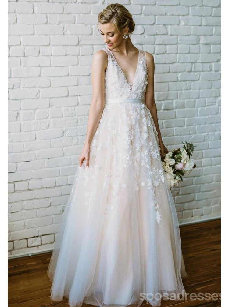 Champagne V Neck Cheap Wedding Dresses Online, Tulle A-line Bridal Dresses, WD436