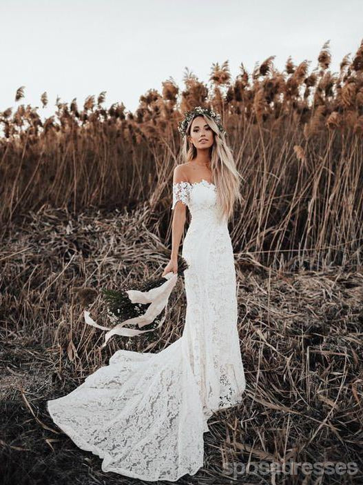 Off Shoulder Vintage Lace Mermaid Cheap Wedding Dresses, Shore Sleeves – SposaDresses