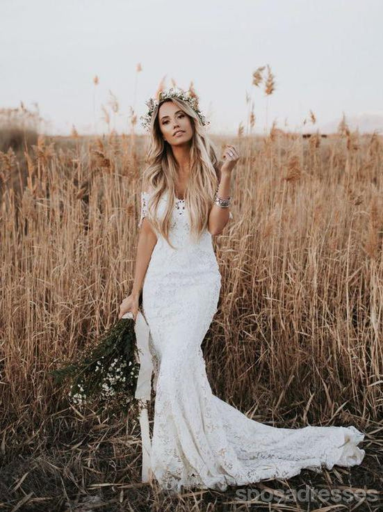 Off Shoulder Vintage Lace Mermaid Cheap Wedding Dresses, Shore Sleeves SposaDresses Off Shoulder Vintage Lace Mermaid Cheap Wedding Dresses, Shore Sleeves SposaDresses