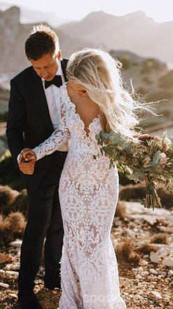 Sexy Backless Lace Mermaid Cheap Wedding Dresses Online, Long Sleeves Bridal Dresses, WD441