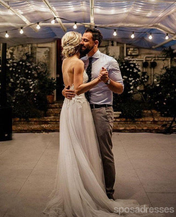 Sexy Backless Spaghetti Straps Cheap Wedding Dresses Online, Lace A-line Bridal Dresses, WD442